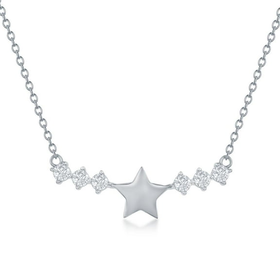 Beaux Bijoux Celestial Star with Simulated Diamond CZ Side-Stones 16 2” Bar Necklace Sterling Silver Jewelry for Women or Teens
