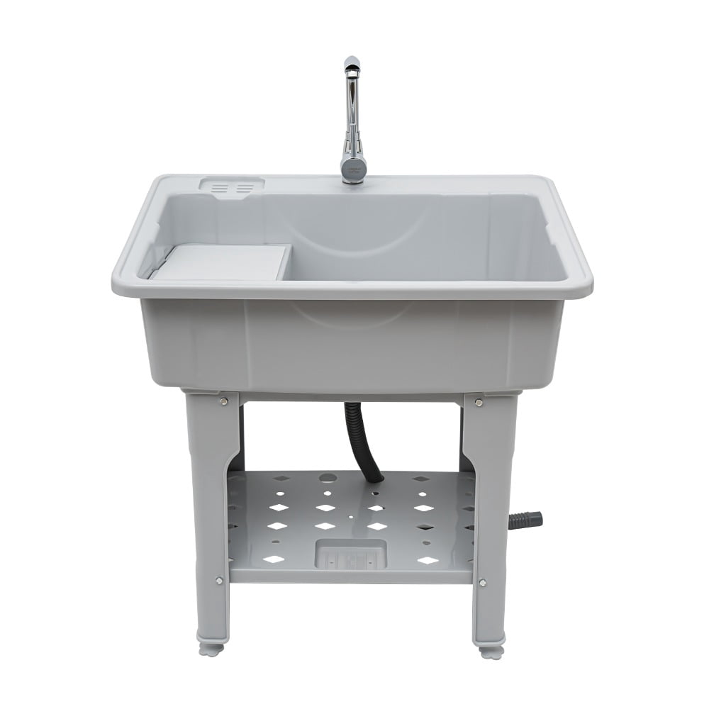 Freestanding Laundry Sink with Faucet, 31.5" Utility Sink with Removable Washboard & Storage Shelf, Heavy Duty Plastic Utility Tub for Laundry Room Garage Basement Pet Wash