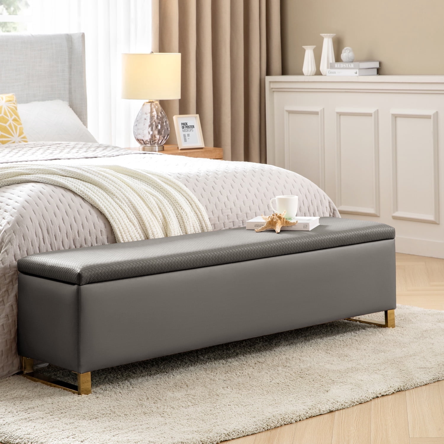 Tina's Home Storage Bench with 2 Nesting Ottomans,  Upholstered Entryway Bench with Stainless Steel Legs Modern Seating for Living Room, Bedroom  Grey