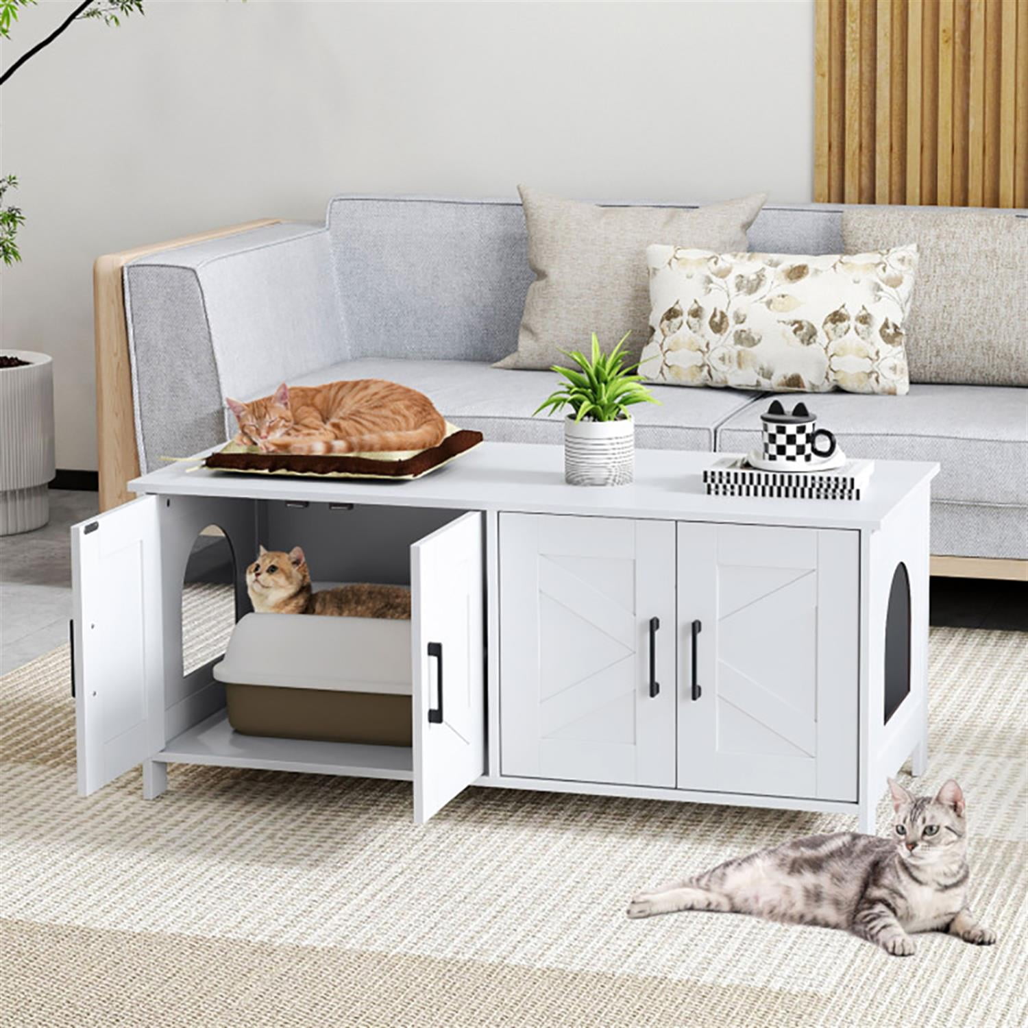Kadyn 48" Modern Cat Litter Box Enclosure, Hidden Litter Box for 2 Cats, Cat House Furniture for Side Table or Nightstand, White Kadyn 48" Modern Cat Litter Box Enclosure, Hidden Litter Box for 2 Cats, Cat House Furniture for Side Table or Nightstand, White