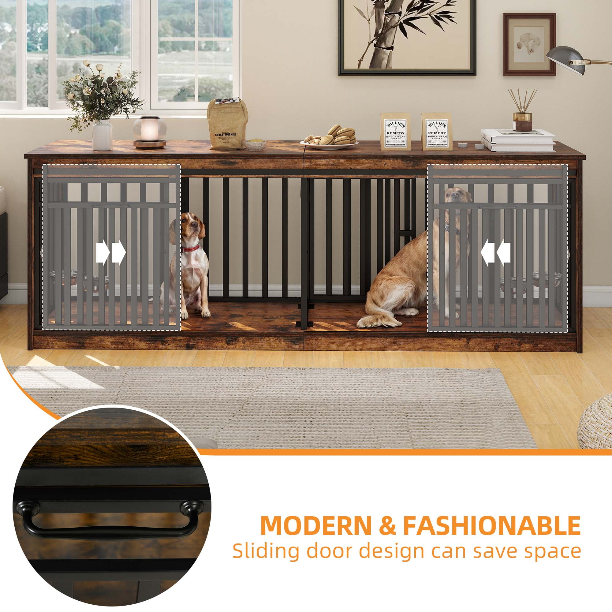 Craftian Double Dog Crate Furniture with 4 dog bowls, Wood Dual Dog Kennel TV Stand 86.6 inch A Spacious Haven for Your Beloved Pets, Brown
