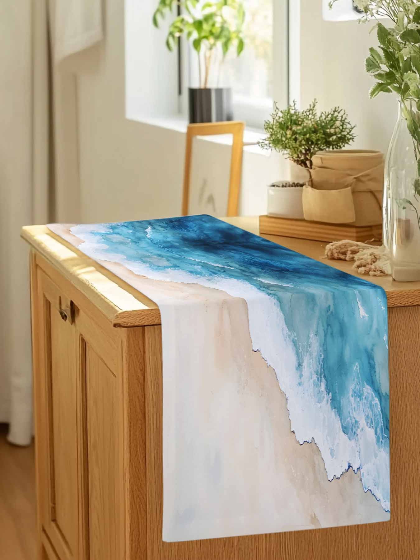 Blue Waves Summer Beach Table Runner 90 Inches Long, Gradient Water Ripples Table Runners Tabletop Scarf Kitchen Dining Tables Decoration for Home Party Indoor Outdoor