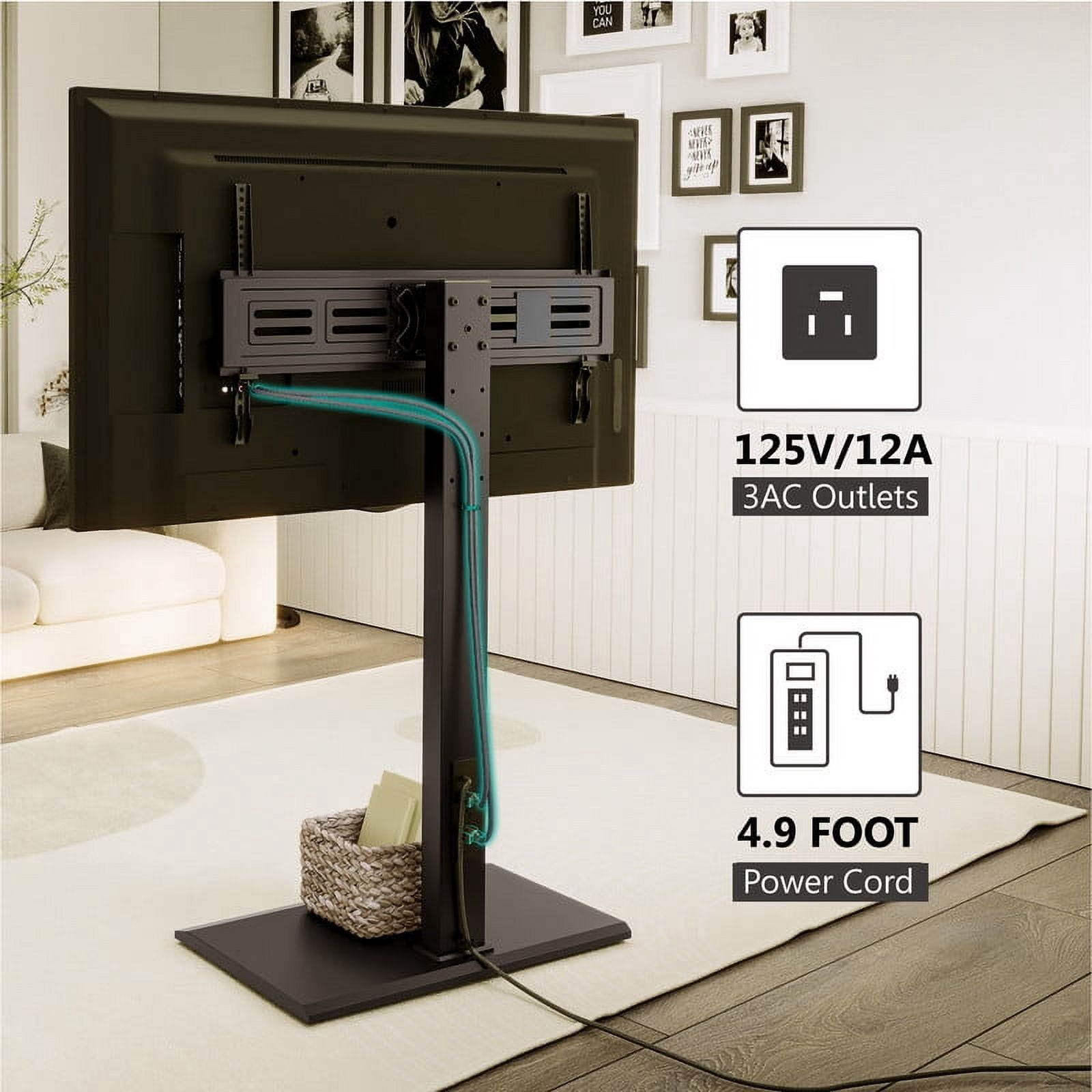 FITUEYES Modern Black Swivel Floor TV Stand with Power Strip Mount for TVs up to 85 inch Metal Base