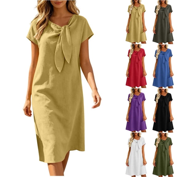 VBVC Women's Cotton Linen Tie Neck Midi Dress , Ladies' Casual Short Sleeve Shift Dress , Summer Solid Color Tunic Dress For Women, S-2XL