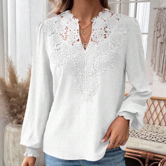 Ladies Fall Winter Fashion V-neck Lace Solid Color Long-sleeved Casual Tops, 100% Cotton Material, 5 Sizes Available, Stylish V-neck Design, For Daily Wear, Office & Travel, Soft Texture, Versatile