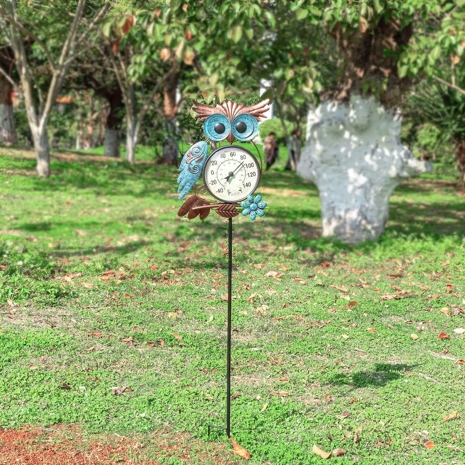 MUMTOP Wall Hanging Thermometer Stake, 42 Inch Metal Owl Garden Stake Outside Wall Thermometer for Patio, Yard and Garden,Weather Resistant