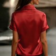 thumbnail image 6 of Only Moment Button Down Shirts Short Sleeve V Neck Satin Rolled Cuffed Short Sleeve Shirts Casual Work Blouse Summer Hawaiian Outfits Blouses for Women Dressy Casual Red,2XL, 6 of 6