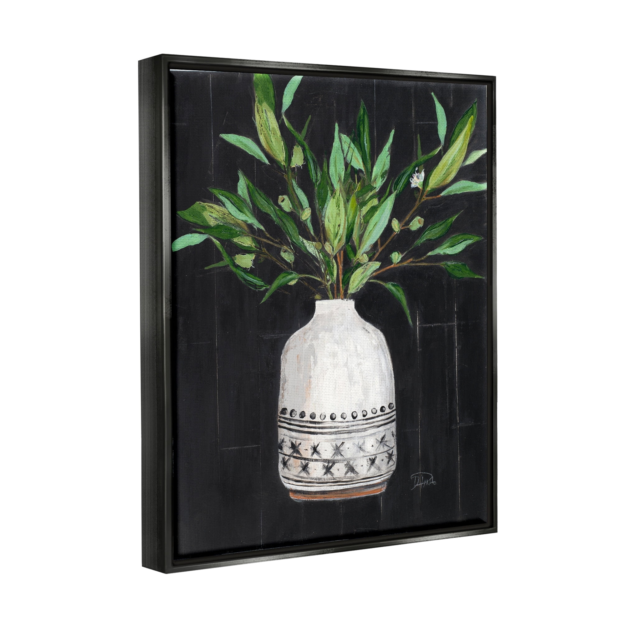 Stupell Industries Tall Botanical Leaves Arrangement Patterned Pottery Vase Painting Metallic Gold Floating Framed Canvas Print Wall Art, Design by Patricia Pinto