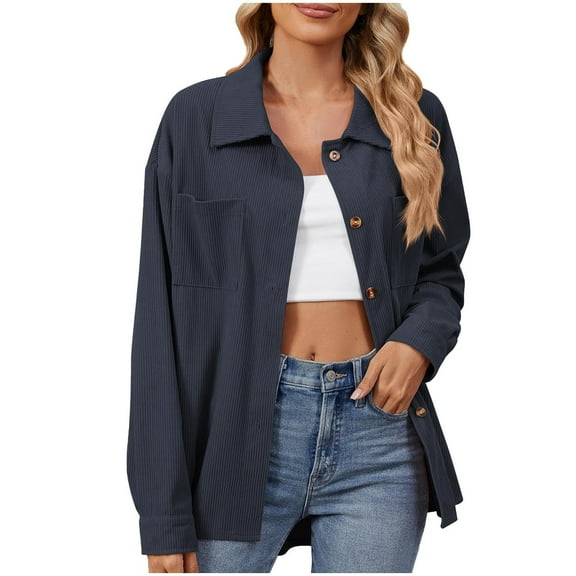 YUTK Women Coats Winter Plus Size,Women's Casual Lapel Loose Lantern Sleeve Corduroy Shirt Long Sleeve Hoodless Casual Coat/Jacket(Navy,S)