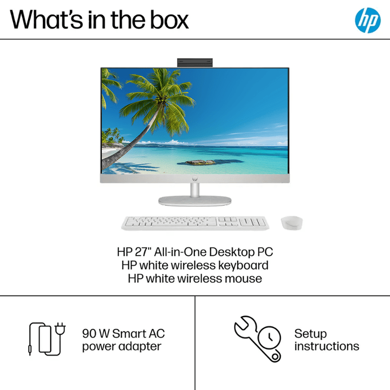 HP 27" FHD Touchscreen All-in-One Desktop Computer, Intel 12-Core Ultra 7 Processor, 32GB RAM 1.5TB Storage (1TB SSD+512GB External), Wireless Keyboard & Mouse, Windows 11, PLUSERA Earphones, White