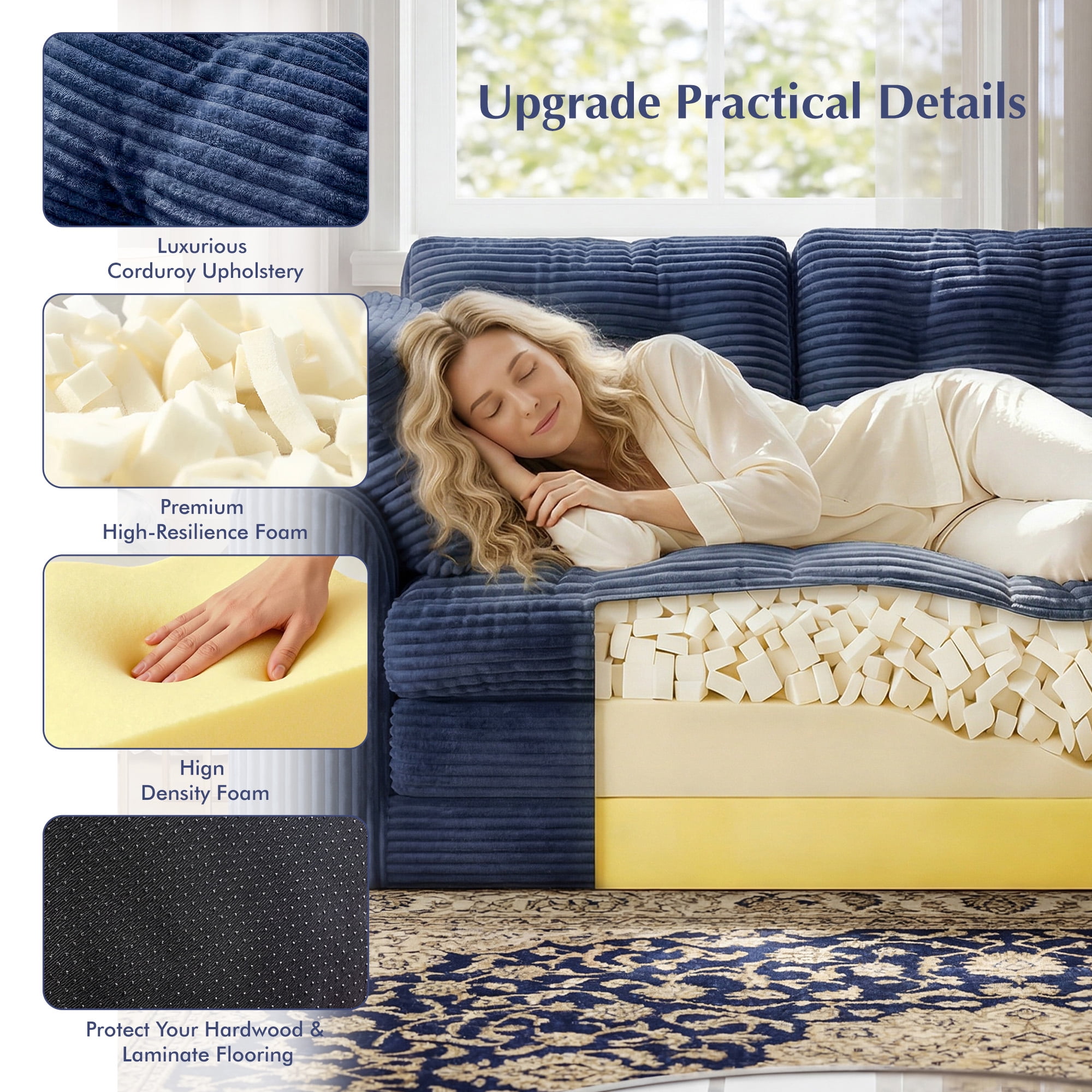 EnHomee 58.6" Foldable Sofa for Adult Loveseat Sofa Couch with Deep Seat Adjustable Floor Sofa Couch with 4 Pillows,Navy Blue