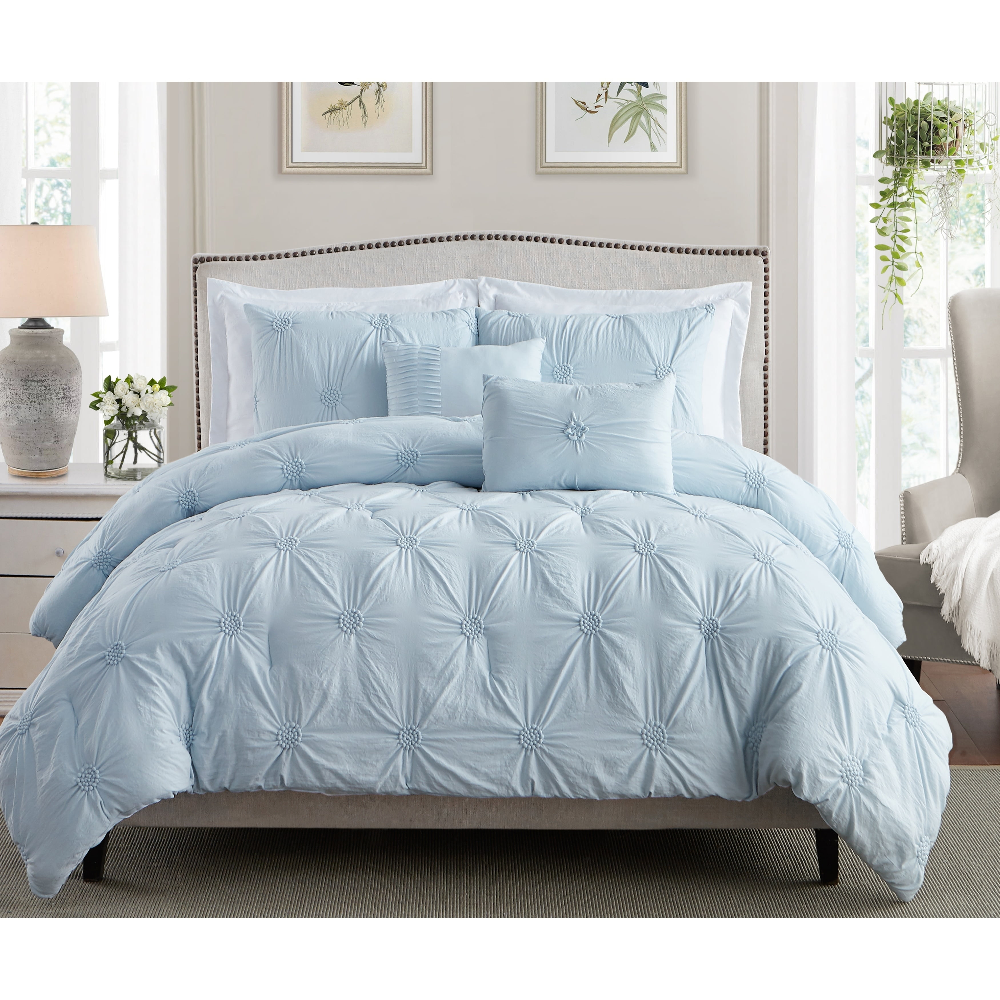 Swift Home Premium Bedding Set Collection 2-Piece Floral Ruched Pinch Pleat Pintuck Comforter Set Twin//Twin XL Gray