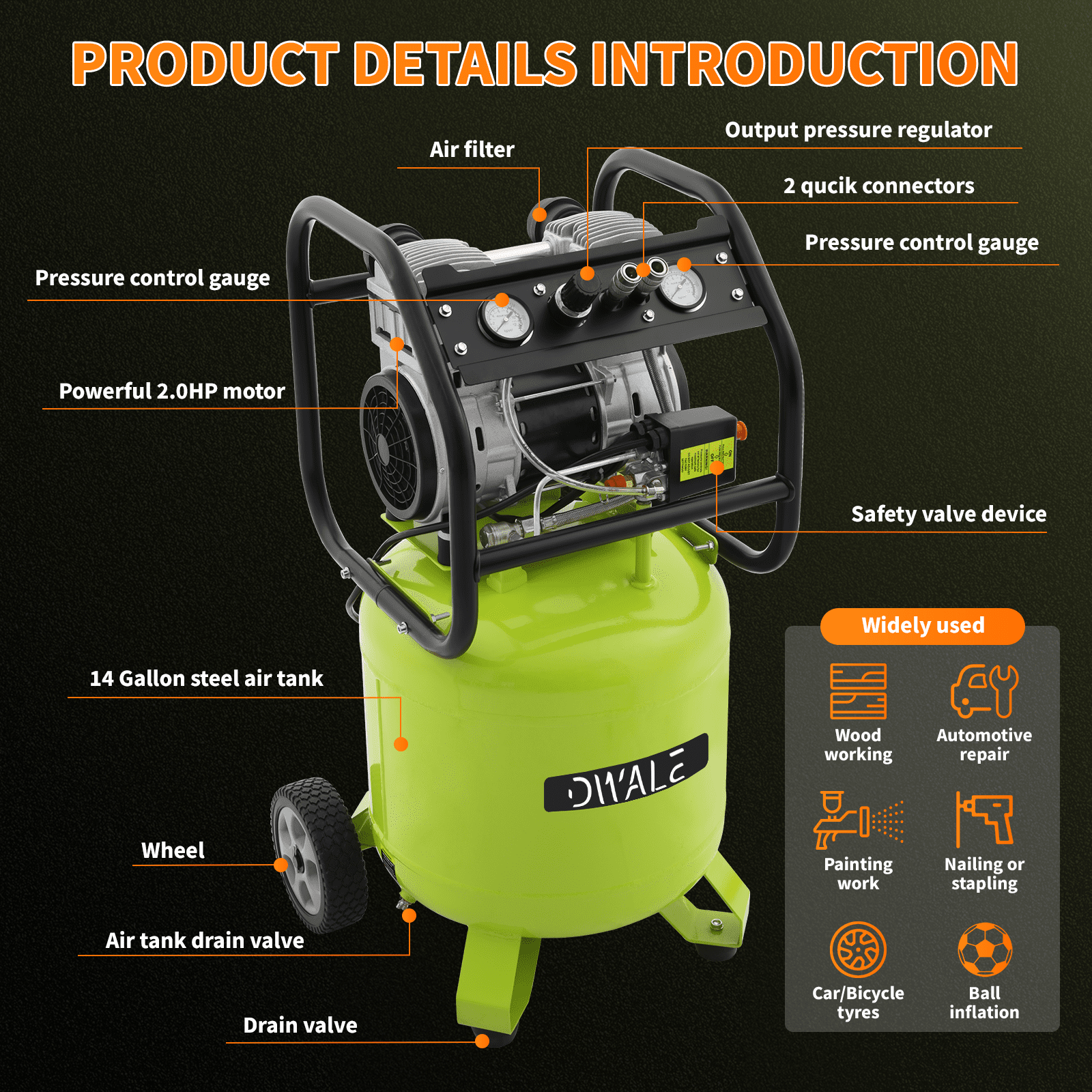13 Gallon Air Compressor,2HP 4.2SCFM @90PSI Ultra Quiet and Oil-Free Air Compressor,115PSI Max Pressure,51 dBA Noise Level,Oil Free Compressor Tank for Auto Repair, Tire Inflation, Spray Painting