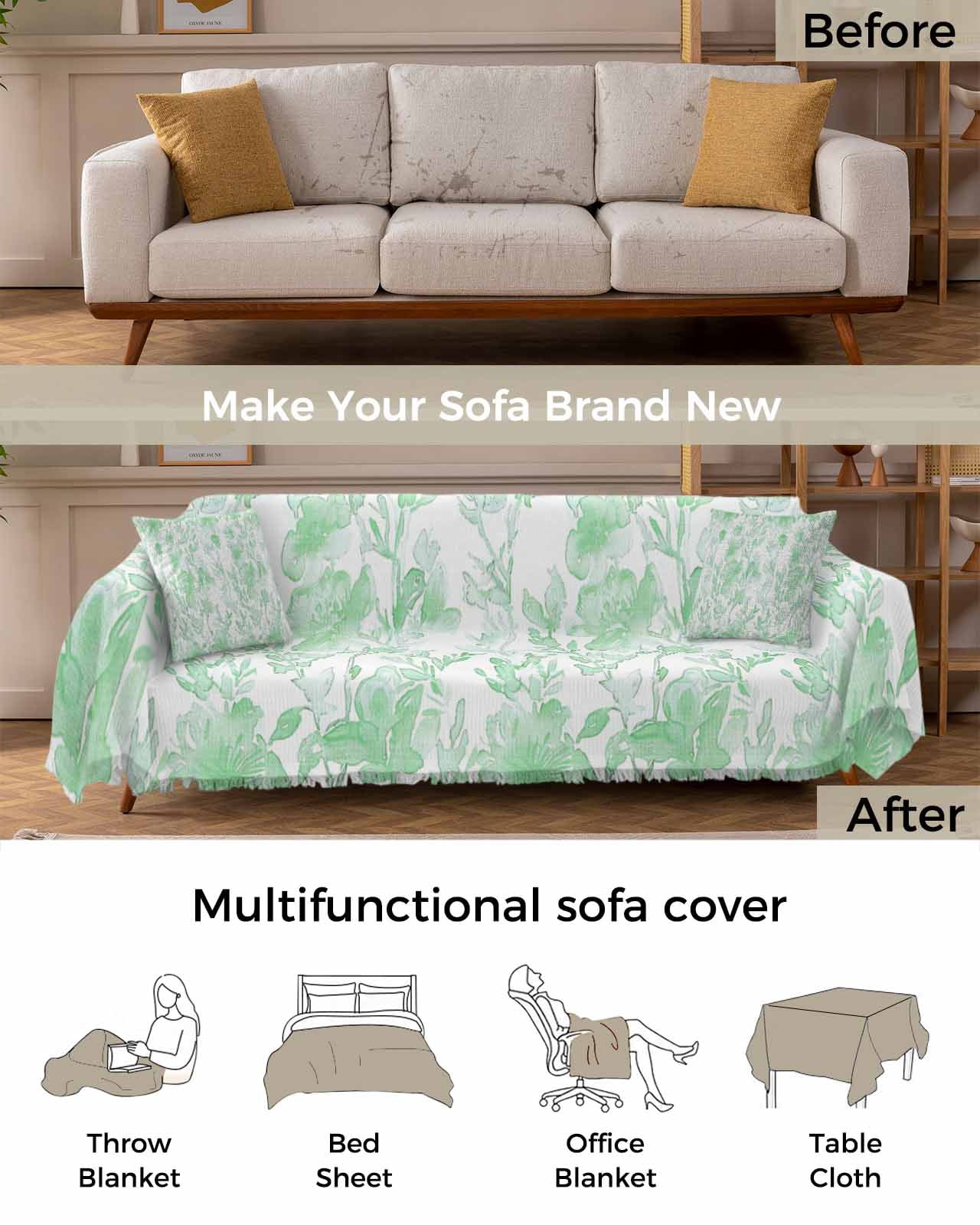 Green Botanical Sofa Couch Covers for Dog,Washable Sectional Couch Slipcoverfor Loveseat with Tassels,Vintage Spring Retro Flower Floral Herb Non Slip Sofa Throw Cover Blanket Large 71''x102''