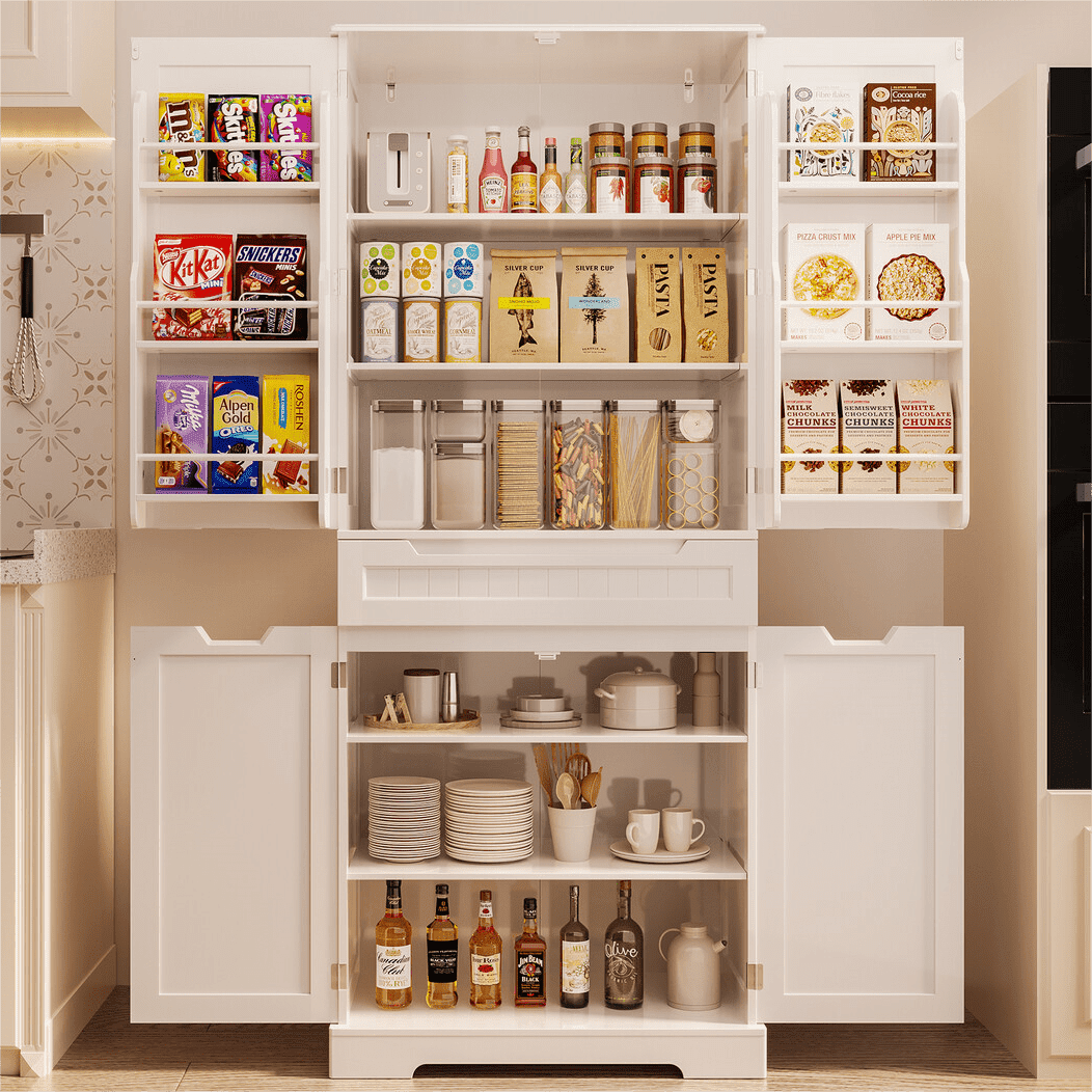64 H Pantry Cabinet Asofer Kitchen Storage with Glass Door Freestanding Cabinet for Dining Room White Walmart
