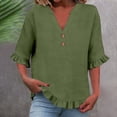 thumbnail image 2 of Tweang Linen Blouse Roll Up Short Sleeve Loose Fit V Neck Ladies Blouse 3/4 Sleeve Boho Side Slit Tops for Women Solid Color Tunic Tops Loose Gauze Tunics Bohemian Tops for Women Green S, 2 of 6