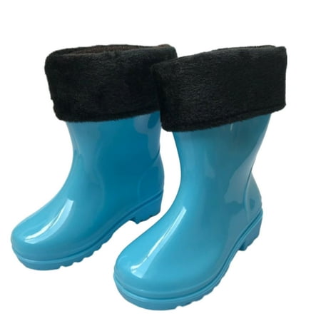 Meresysid Toddler Kids Boys Shoes Rain Bootsd With Fleece Water Boots Children Unisex Rain Shoes Soft Rubber Boots Non Slip Blue