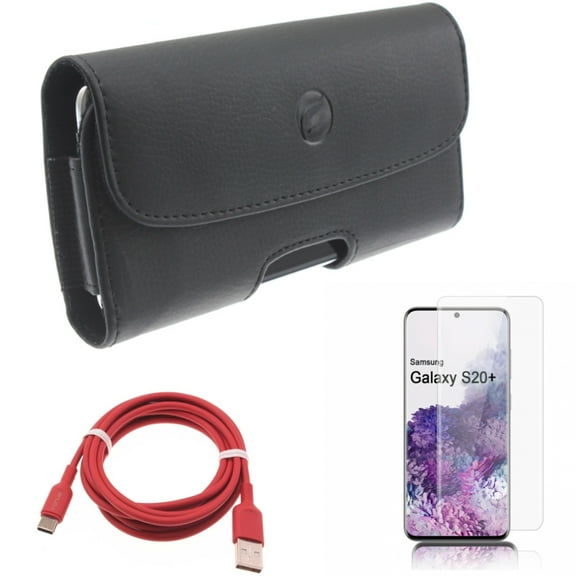 Case Belt Clip w Screen Protector w 6ft USB-C Cable for Samsung Galaxy S20 Plus - Leather Holster Cover, Tempered Glass [Fingerprint Unlock] 3D Curved Edge, Red Charger Cord fits Galaxy S20 Plus