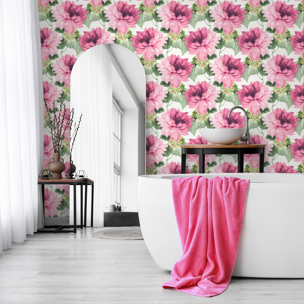 NextWall Harry & Grace Watercolor Floral Peel and Stick Wallpaper 20.5 in. W x 18 ft. L - Cerise Pink & Evergreen