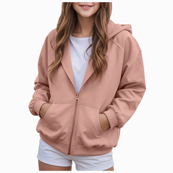 BOBOGOJP Girls Zip Up Hoodies Teen Fleece Full-Zip Sweatshirts Jacket Casual Fall Hoodie with Pocket Pink,Size 13-14 Years