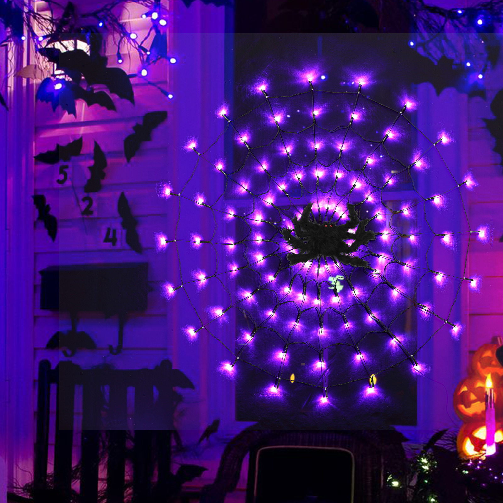 Sakiyr Halloween Spider Web Lights, 2.5FT Purple LED Spider Web with 8 Lighting Modes for Party Decoration - image 5 of 8