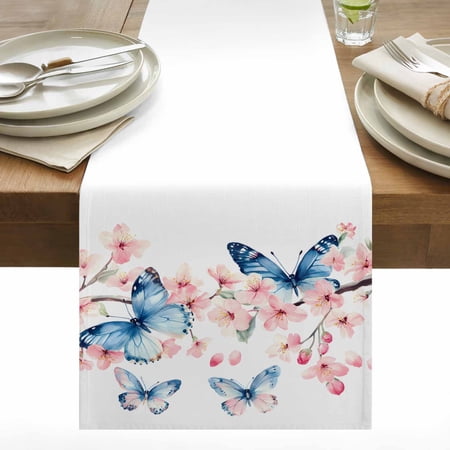 Butterfly Floral Cotton Linen Table Runner Watercolor Pink Blue Flower Butterflies Green Leaf Dining Table Runners for Home Decor Party Dining Room Restaurant Kitchen 13 x 90