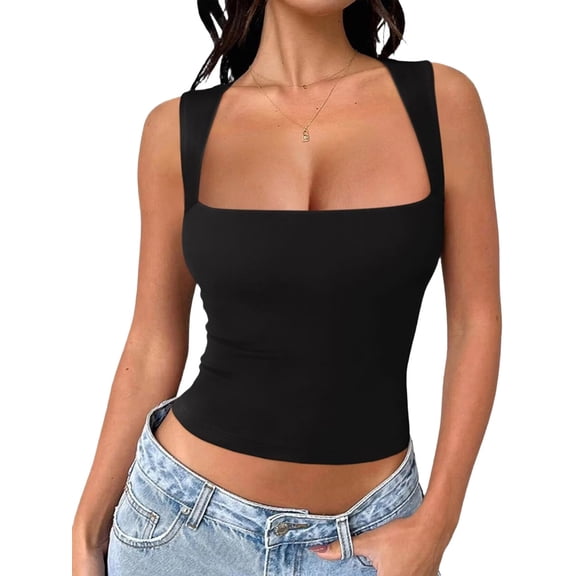Women'S Square Neck Sleeveless Double-Layer Tank Tops Basic Tight T Shirts Black L