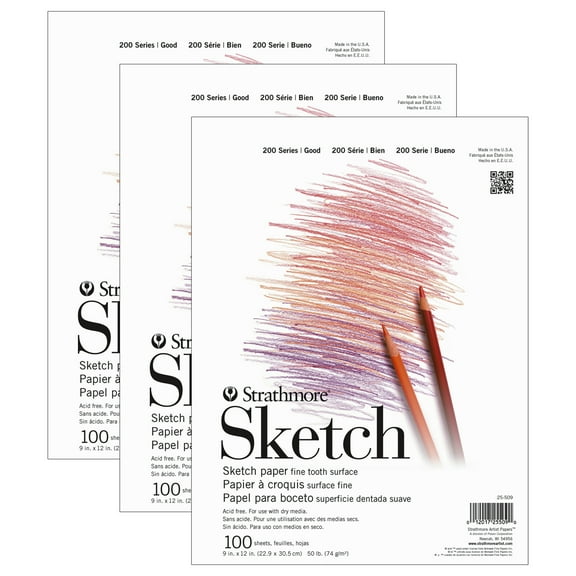 Strathmore 200 Series Sketch Pad, Tape Binding, 100 Sheet, 9x12 inch, Pack of 3