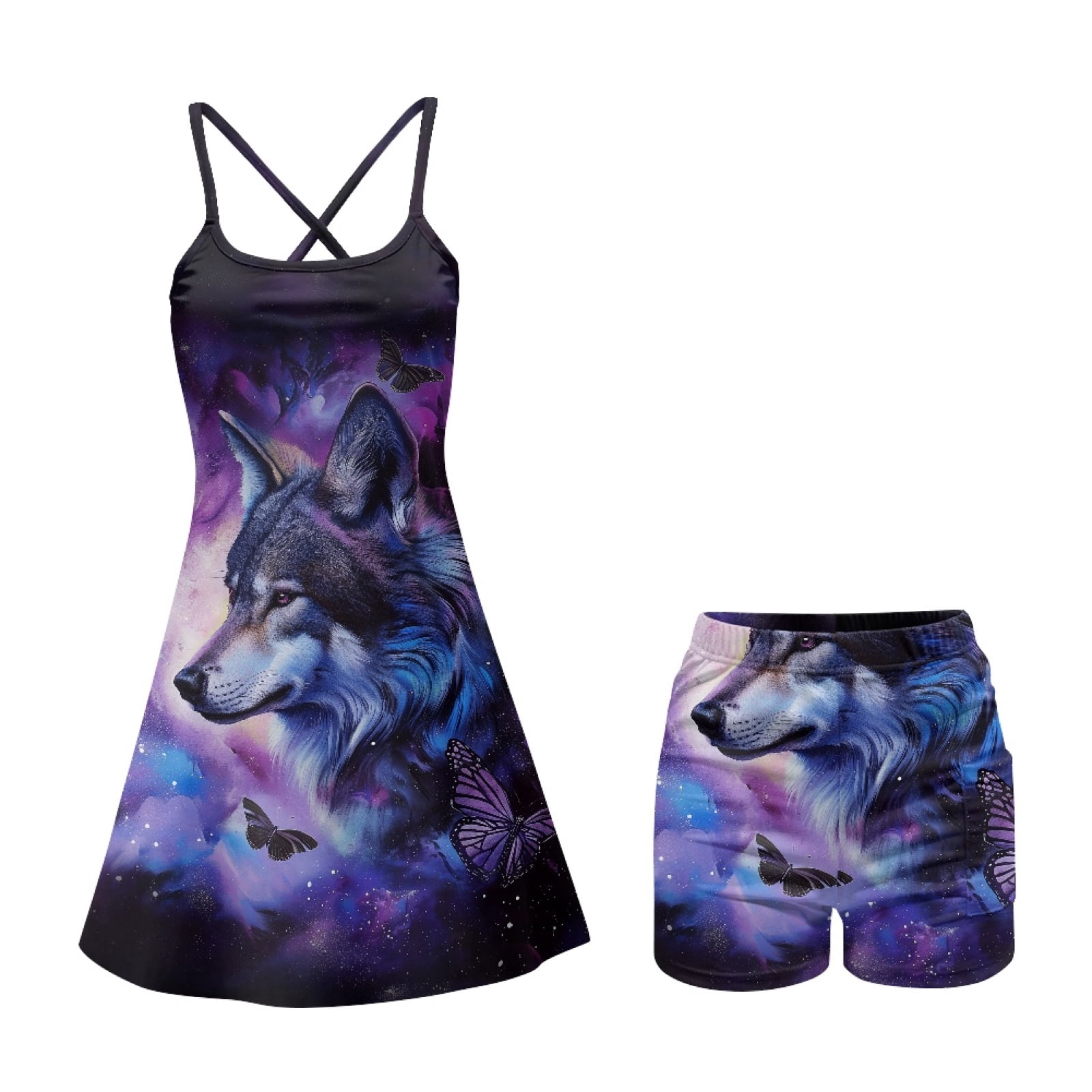 Yuyamidu Wolf Tennis Dresses for Women with Shorts Purple Galaxy Athletic Dress for Women Size XS Comfy Spaghetti Straps Workout Dress Workout Golf Mini Dresses