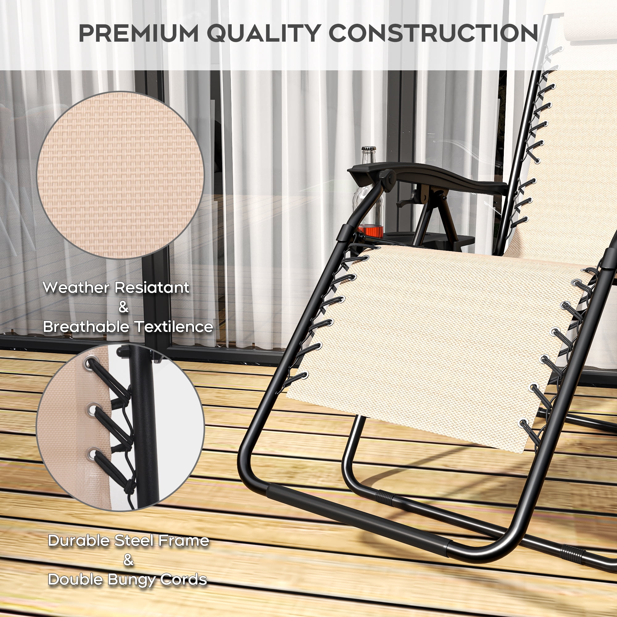 Zero Gravity Lounge Chair Folding with Headrest & Removable Tray, 300 lb Capacity Recliner 90-170° Adjustable, Portable Outdoor Chair for Patio Beach Camping, Khaki