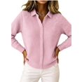 thumbnail image 3 of Women Lapel Shirt Full Front Single Row Button Long Sleeve Loose Fit Knit Cardigan Sweater Pink S, 3 of 7