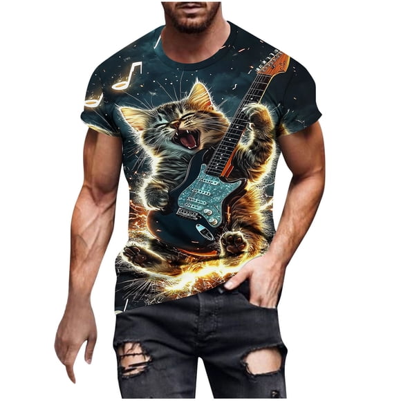 Short Sleeve T-Shirt for Men, Cool Novel Cat Print Round Neck Casual Top, Breathable Soft Cotton Blend, Spring Summer Outdoor Wear, Fits True to Size