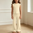 thumbnail image 5 of THDHVS Girls Fall Outfits,Girls Ribbed Sleeveless Round Neck Top Wide Leg Pants Summer Stretchy Casual 2 Piece Set,Toddler Girl Outfits Beige 5-7 Years, 5 of 8