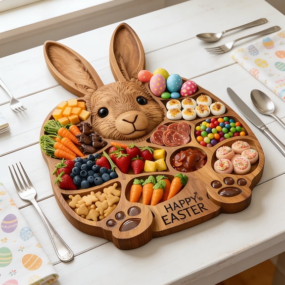 Easter Bunny Wooden Charcuterie Board - Cute Rabbit-Shaped Serving Platter for Holiday Snacks & Treats, Perfect Easter Party Centerpiece, Kitchen Table Decoration