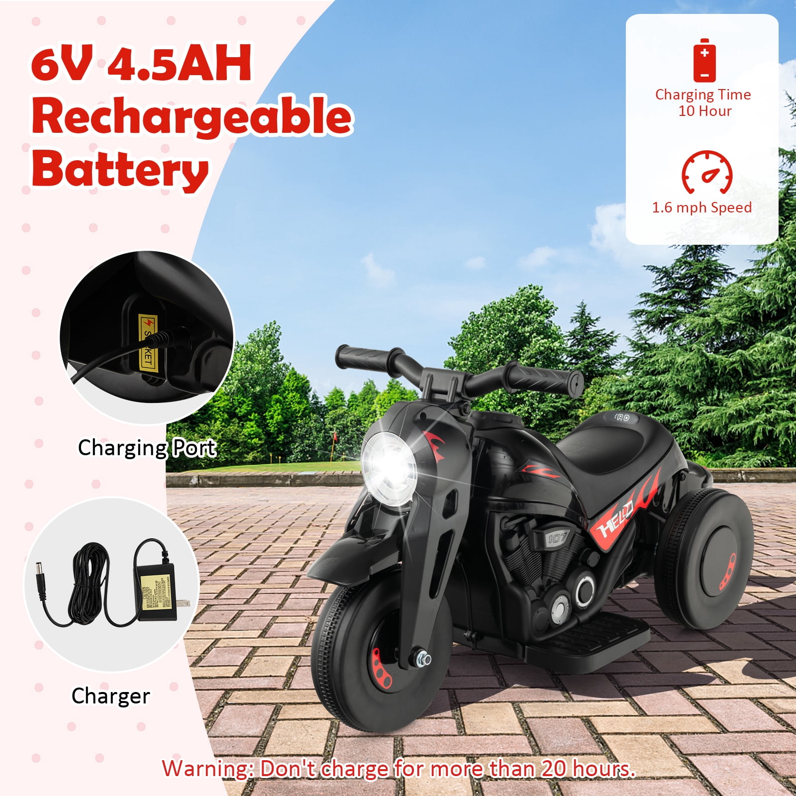 Costway 6V Kids Bubble Car Electric Ride on Motorcycle with Music Button & LED Headlight Black