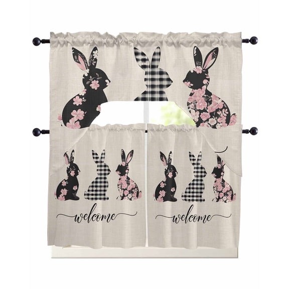 Easter Bunny Kitchen Curtains Sets 36 Inch Length with Valance, Black Checkered Spring Floral Farmhouse Swag Valances and Tiers Curtain Set Drapes Swag Curtains for Living Room, Bathroom, Bedroom