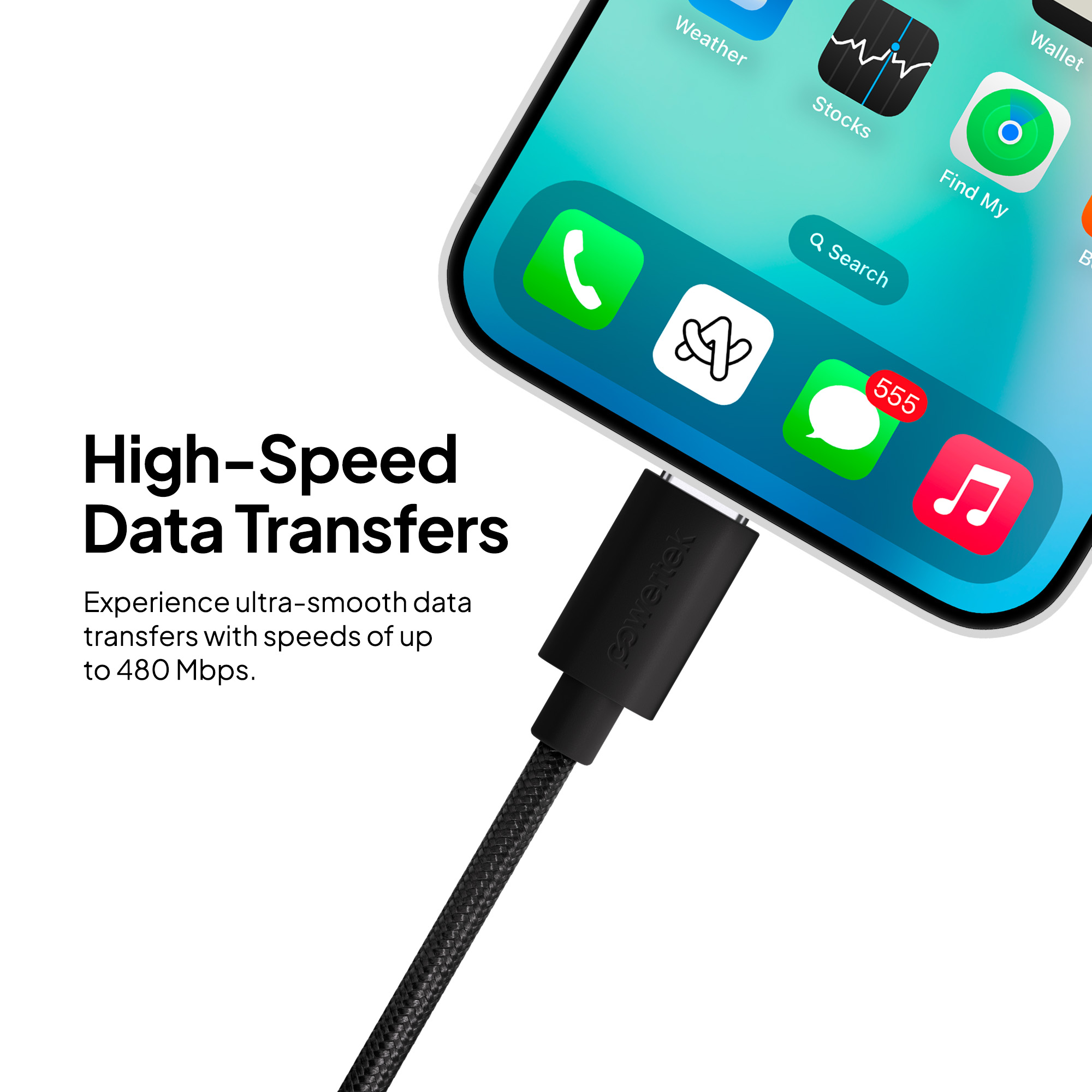 Powertek USB-C Cable 3-Pack, 60W Fast Charging, Black photo 3