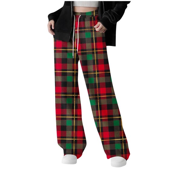 Zpanxa Girls Christmas Tartan Plaid Wide Leg Pants Drawstring Elastic Waist Lightweight Loose Holiday Casual Loungewear Trousers Pants for Girls