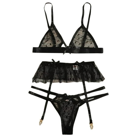 

Vedolay Lace Bra And Panty Set Bra Floral Lingerie And Belts Piece Lace Women s Panty 3 Set With Garter Mens under(Black L)