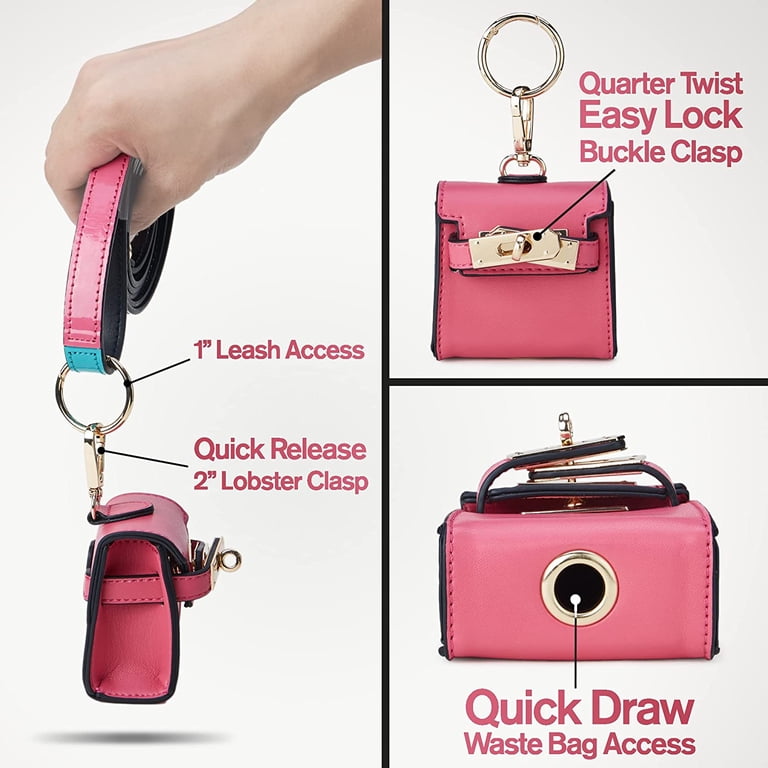Taomypets Dog Poop Bag Holder | Shiny Pink Leather Leash Attachment | Quick-Release & Adjustable