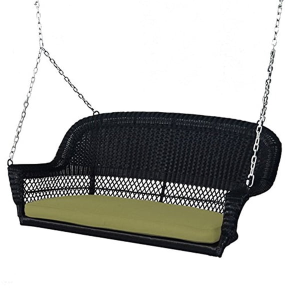 Jeco Wicker Porch Swing in Black with Green Cushion