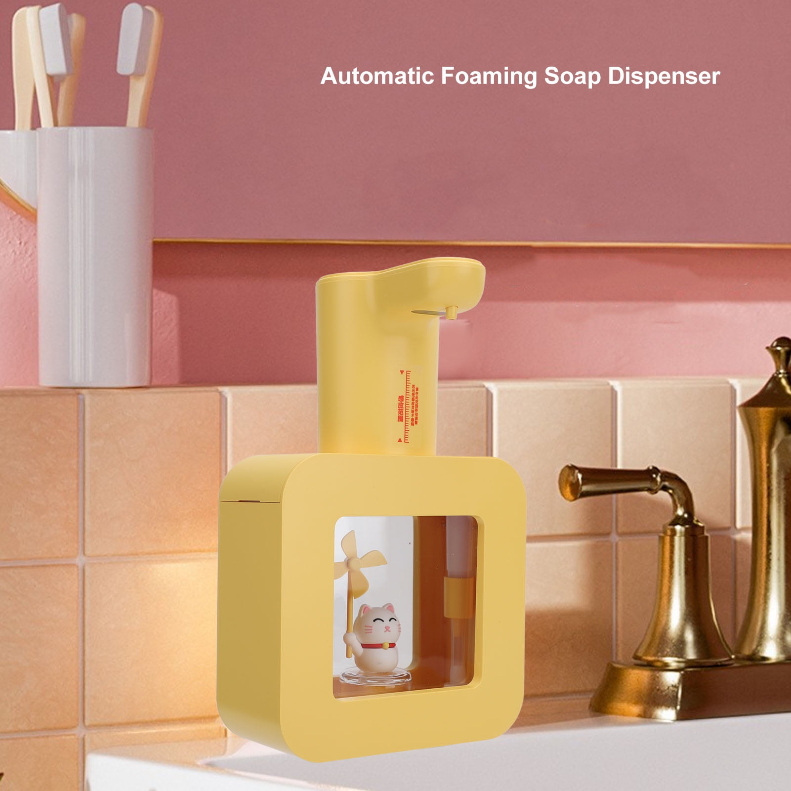 Suodoka Rechargeable Automatic Foaming Soap Dispenser Touchless Motion Sensor 3 Levels Adjustable Wall Mounted Countertop 1200mAh Hand Washer for Kitchen Bathroom Hotel, Yellow (8.27in / 21cm)