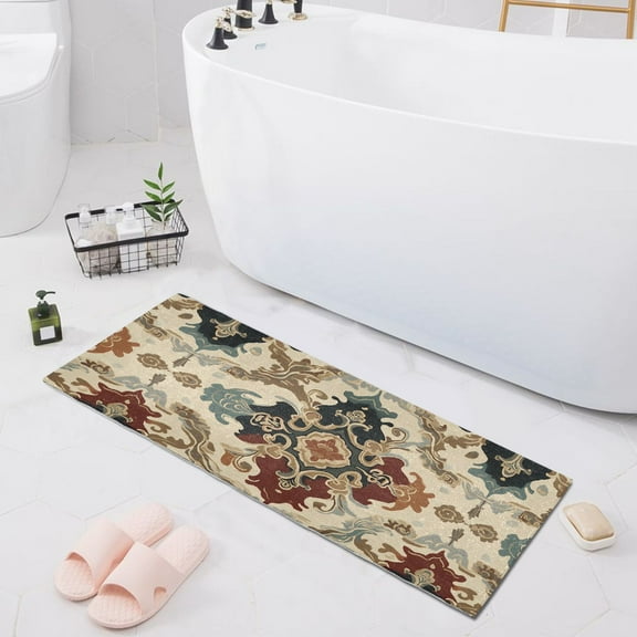 Traditional Chinese Flower Pattern Bath Mat 39x20 Non-Slip Bathroom Rugs Absorbent Soft Plush Quick Dry for Tub Shower Kitchen Home Decor