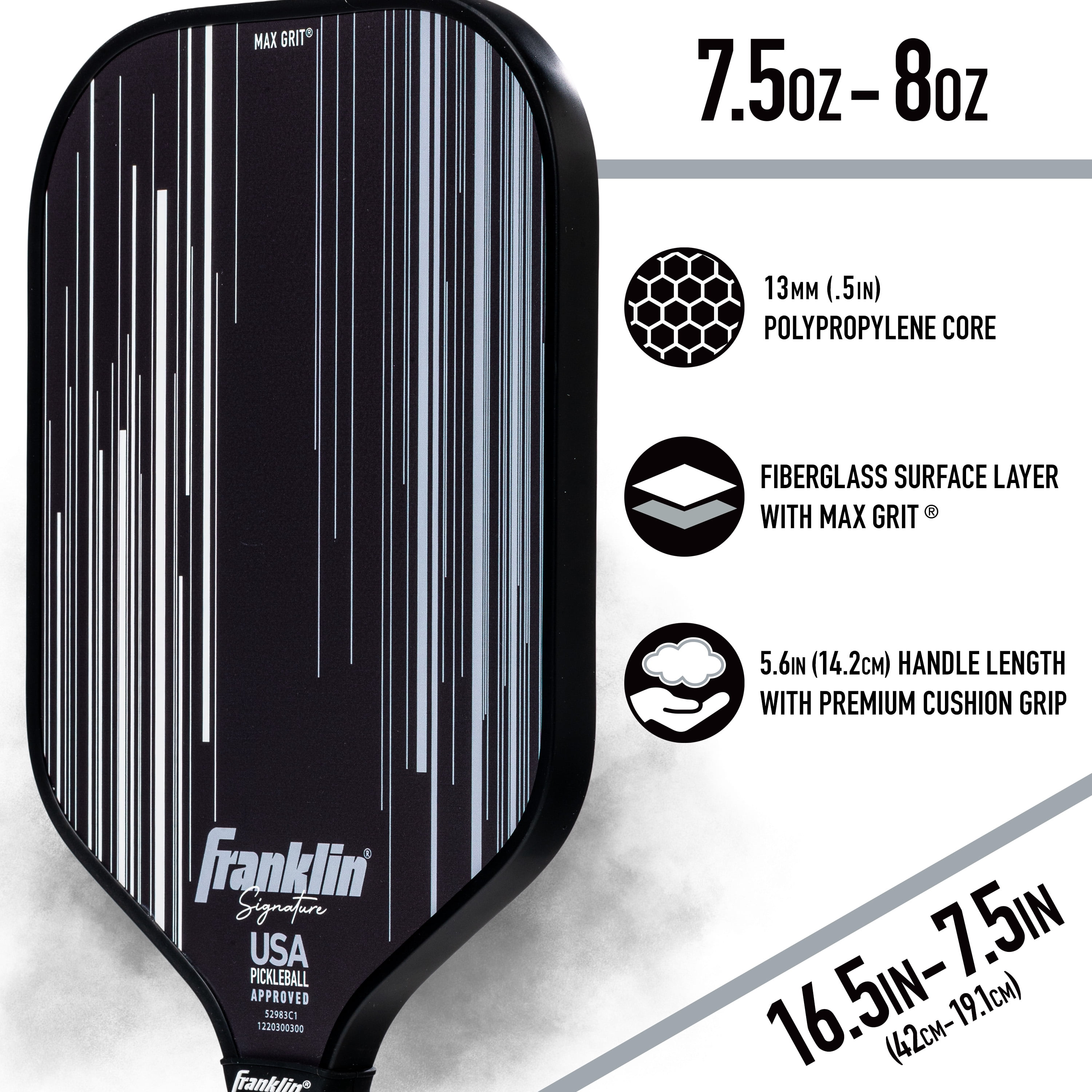 Franklin Sports Pro Pickleball Paddles - Signature Series Pro Pickleball Paddle with MaxGrit Surface - USA Pickleball (USAPA) Approved Tournament Pickleball Paddle - 13mm Polypropylene Core - Black