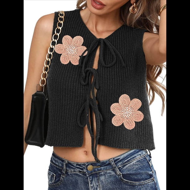 Chaleco de Suéter para Mujer, Sin Mangas, Bordado, Cuello en V, Abierto Al Frente, con Lazo, Corte de Crochet, Informal, Y2K. Negro XL