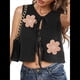 thumbnail image 1 of Chaleco de Suéter para Mujer, Sin Mangas, Bordado, Cuello en V, Abierto Al Frente, con Lazo, Corte de Crochet, Informal, Y2K. Negro XL, 1 of 9