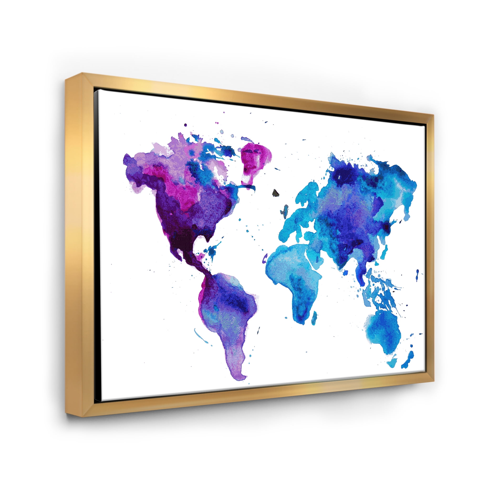 Designart 'Blue and Purple Map Of The World' Modern Framed Canvas Wall Art Print