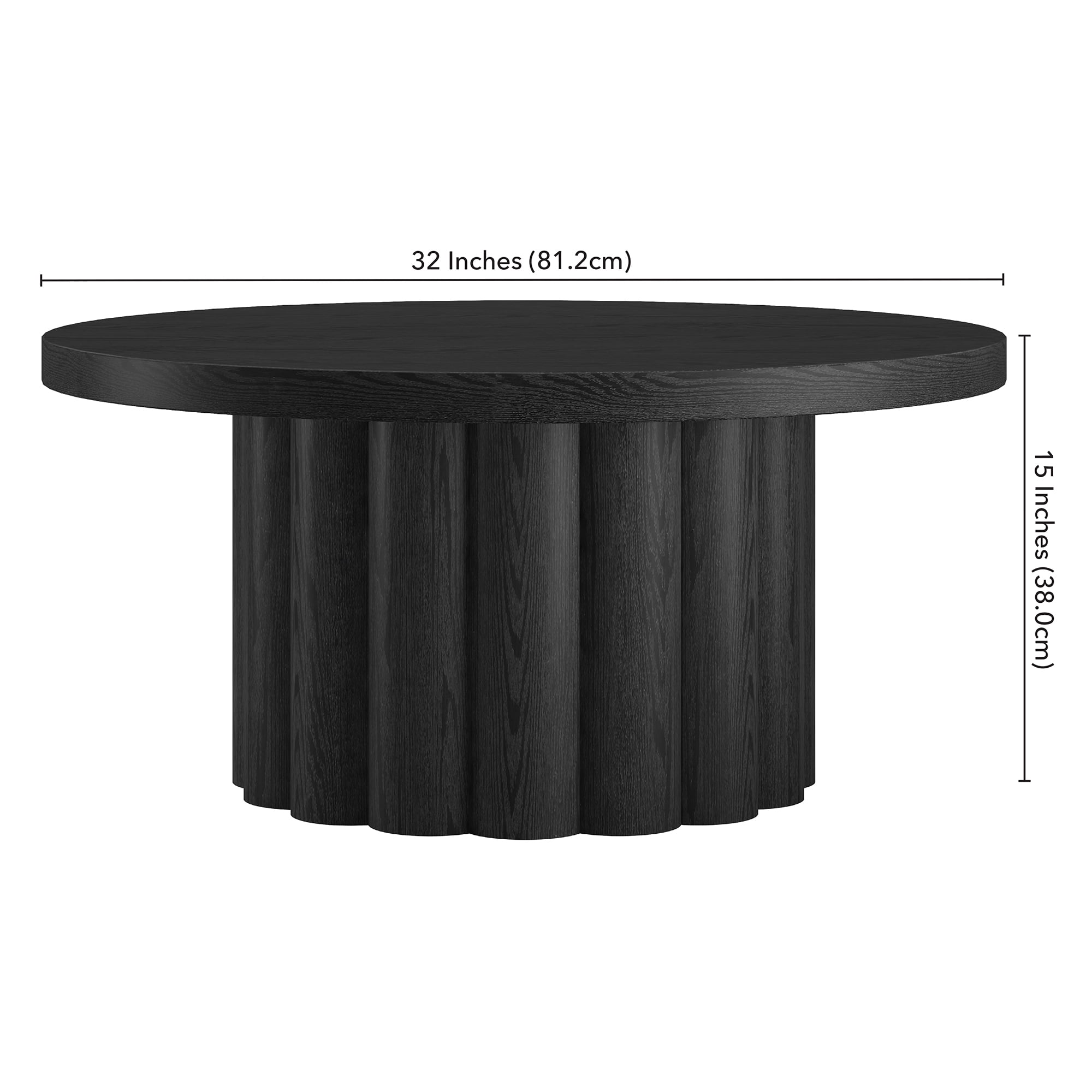 Olie 32" Wide Round Fluted Coffee Table in Black Grain