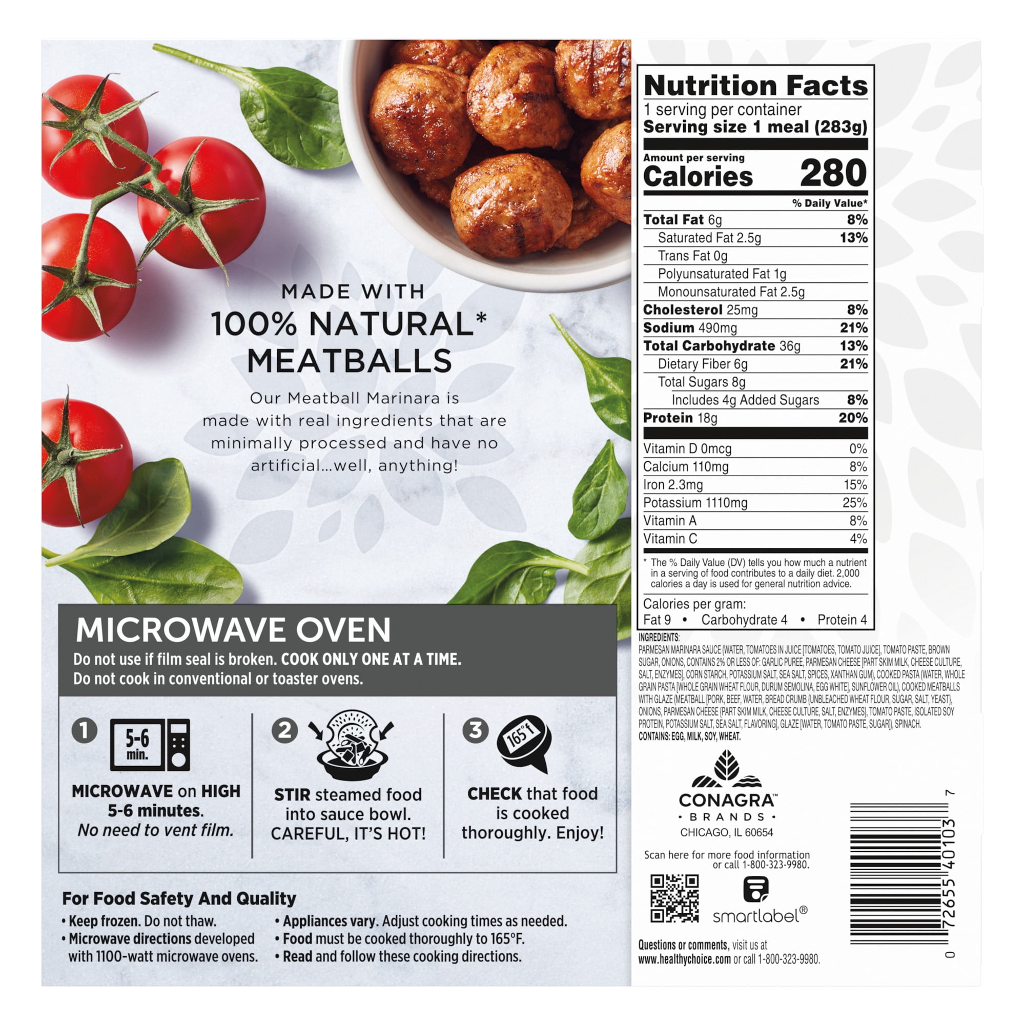 Healthy Choice Simply Steamers Meatball Marinara, 18g Protein, High Protein & Fiber Frozen Meal, 10 oz. Bowl