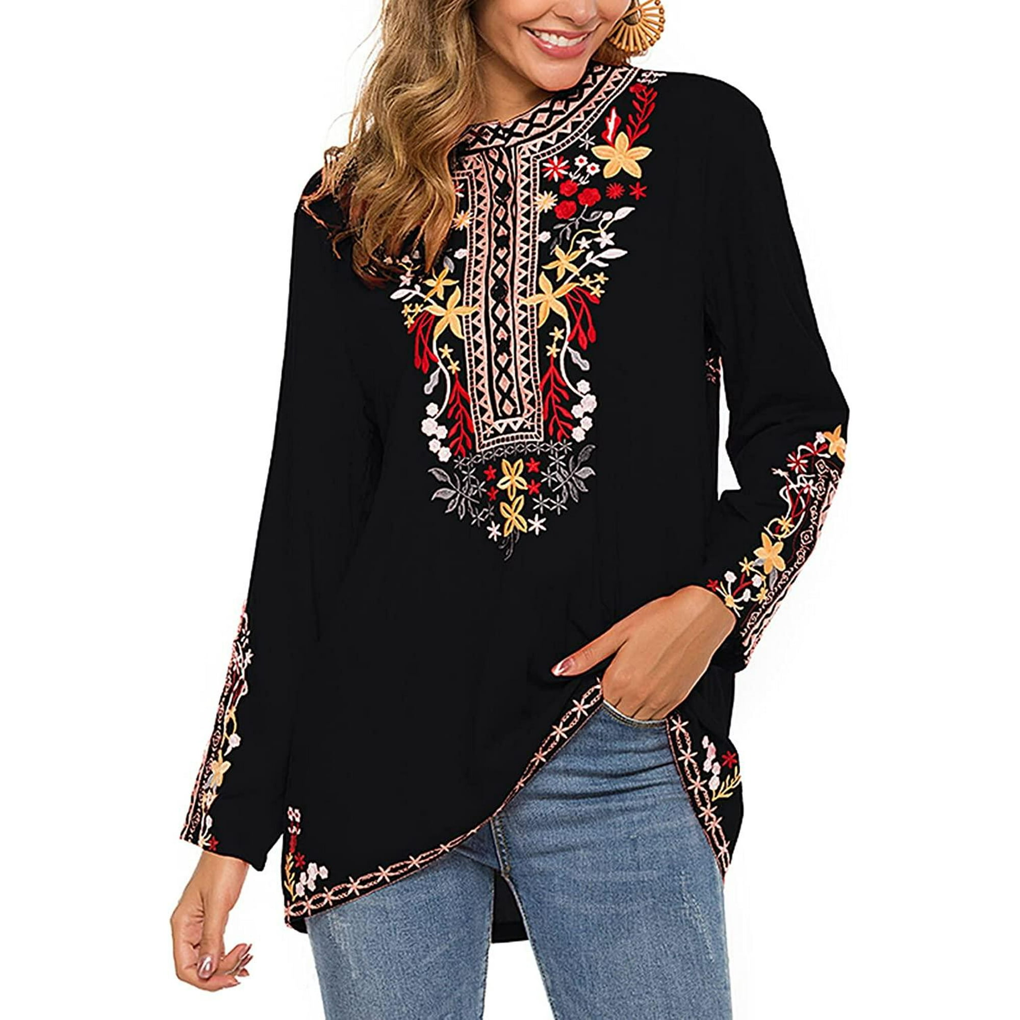 Laibmfc Embroidered Tops Long Sleeve Women s Mexican Boho Peasant Casual Loose Tunics Fall Blouse Shirts For Women Black